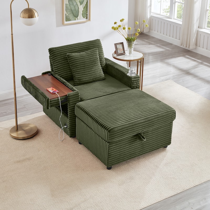 Fluffy Corduroy Lazy Sofa Chaise Lounge with Accent Chair, Storage Ottoman, Folding Table Board, Cup Holder and USB