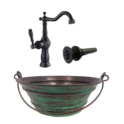 15" Round Copper Vessel Bucket Bathroom Sink Green Patina Exterior, 13" Faucet & Daisy Drain Included - 15' x 15' X 6'