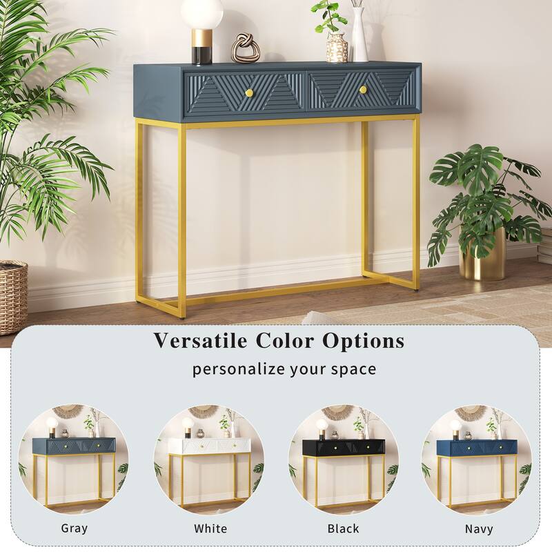 38" Modern Console Table with Two Drawers and Gold Metal Base for Entryway, Living Room