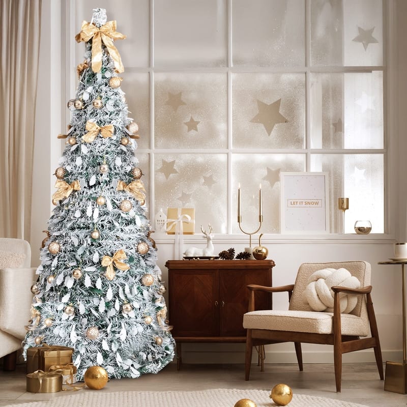 7 FT Snow Flocked Pre-lit Artificial Pop Up Christmas Tree with Golden Ornaments for Home Office Store Holiday Deco, Snowy Green - Green - 7 Foot
