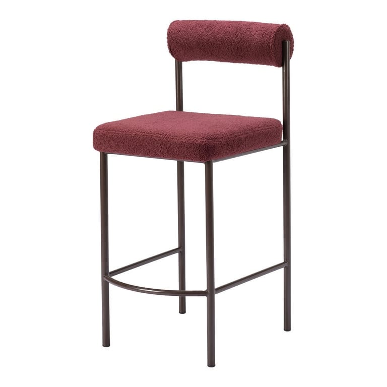 Set of Two 26" Red and Bronze Shearling and Steel Low Back Counter Height Bar Chairs