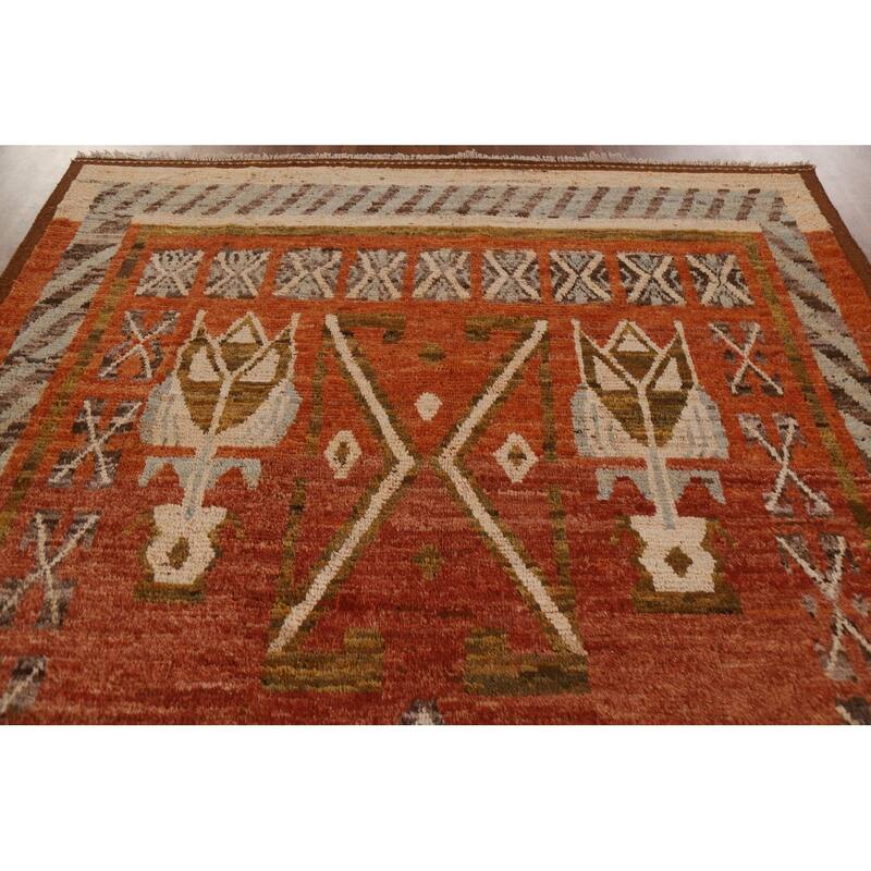 Hand Knotted Oriental 100% Wool Carpet Modern Tribal Oranges & Rust Moroccan Area Rug - 10' 0'' X 7' 1''