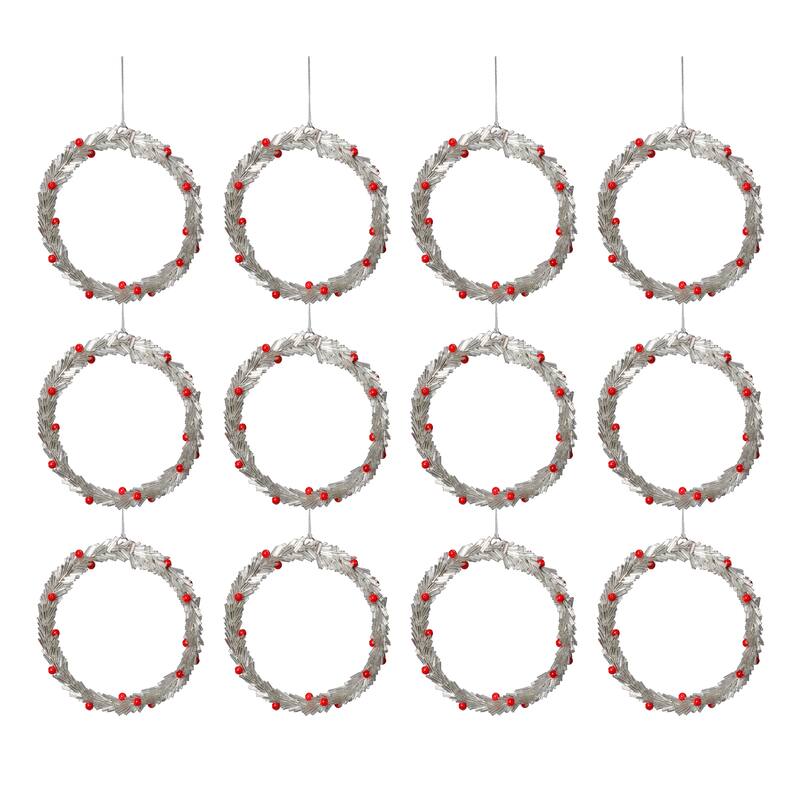 Festive Beaded Christmas Round Hanging Ornaments with Red Berries, Set of 12, 6"