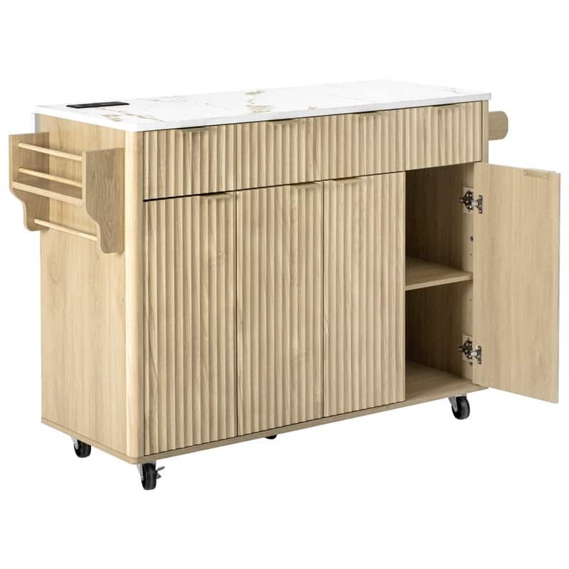 Fluted 55.5" Kitchen Island with Drop Leaf, Rolling Island Table with Drawers, Power Outlet for Functional Kitchen Organization