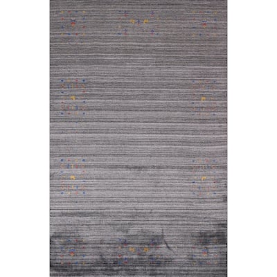 Striped Tribal Gabbeh Indian Area Rug Hand-Knotted Wool Carpet - 5'2"x 7'10"
