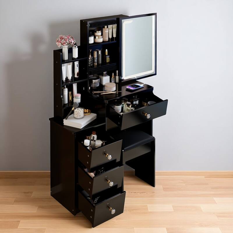 Compact Makeup Vanity with Power Outlets, Type-C Charging, Touch Mirror & Stool, 29.2" Dresser for Small Space