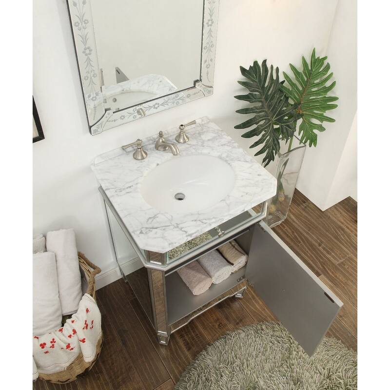 Benton Collection Asger Silver Mirrored Carrara Marble Bathroom Vanity