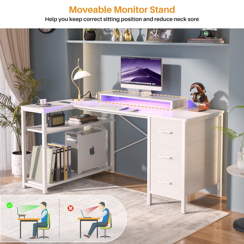 Reversible 53'' L Shaped Computer Desk with Power Outlets & LED Lights,Gaming Desk with 3 Drawers & Monitor Stand