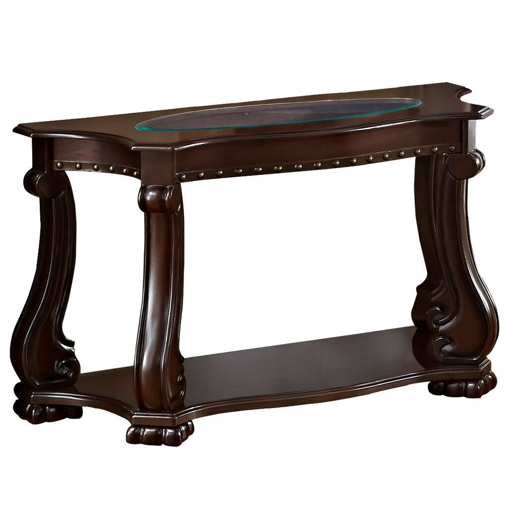 Traditional Wood and Glass Sofa Table with Rivet Accents, Brown