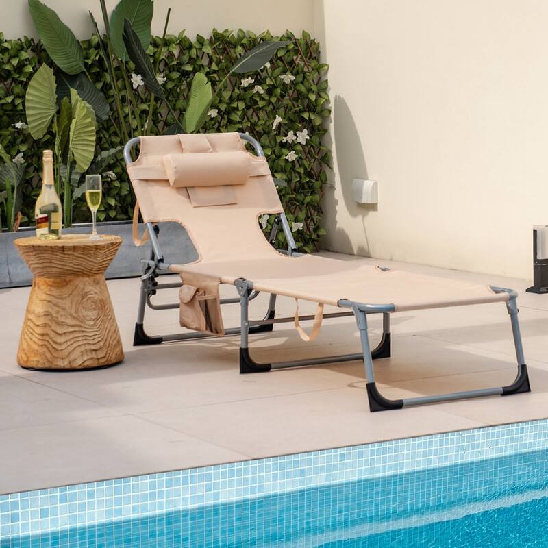 Goplus Outdoor Beach Lounge Chair Folding Chaise Lounge with Pillow - See Details - Beige