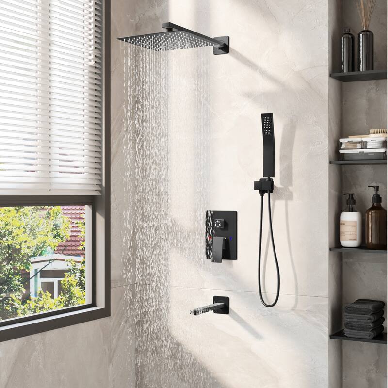 Matte Black Concealed Shower System with 9.7” Rainfall Shower Head, Handheld Shower & Tub Spout
