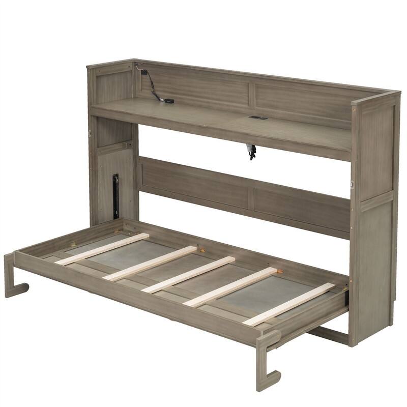 Twin XL Size Murphy Bed Wall Bed with Desk and LED Light, Solid Wood Foldable Murphy Cabinet Bed with USB Charging Station