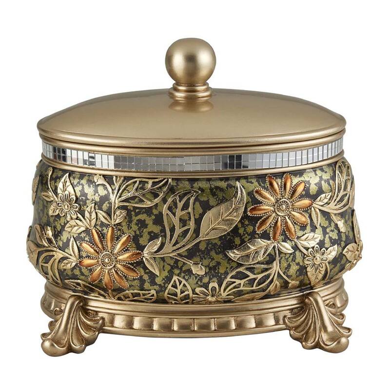 10" Gold Green And Silver Resin Floral Scroll Jewelry Box With Metal Accents