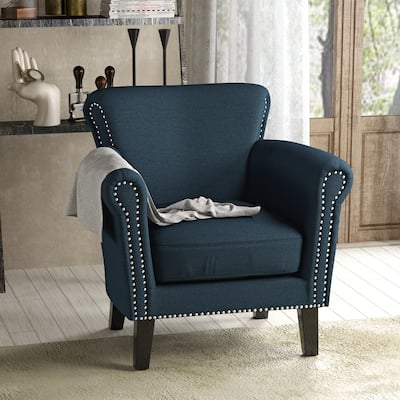 Roomfitters Rolled Arm Accent Chair with Nailhead Trim and Tapered Wood Legs, Upholstered Armchair for Living Room, Navy Blue
