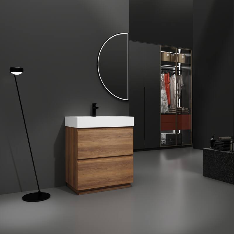 29-Inch Freestanding Bathroom Vanity with Resin Sink, 2 Drawers, Waterproof Engineered Wood Base - 29.53in L Engineered Wood - Brown