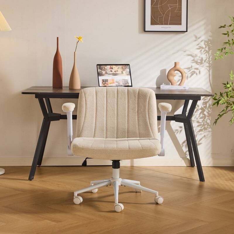 Chenille Swivel Chair With Adjustable Flip-Up Arms For Cross-Legged - Off-white