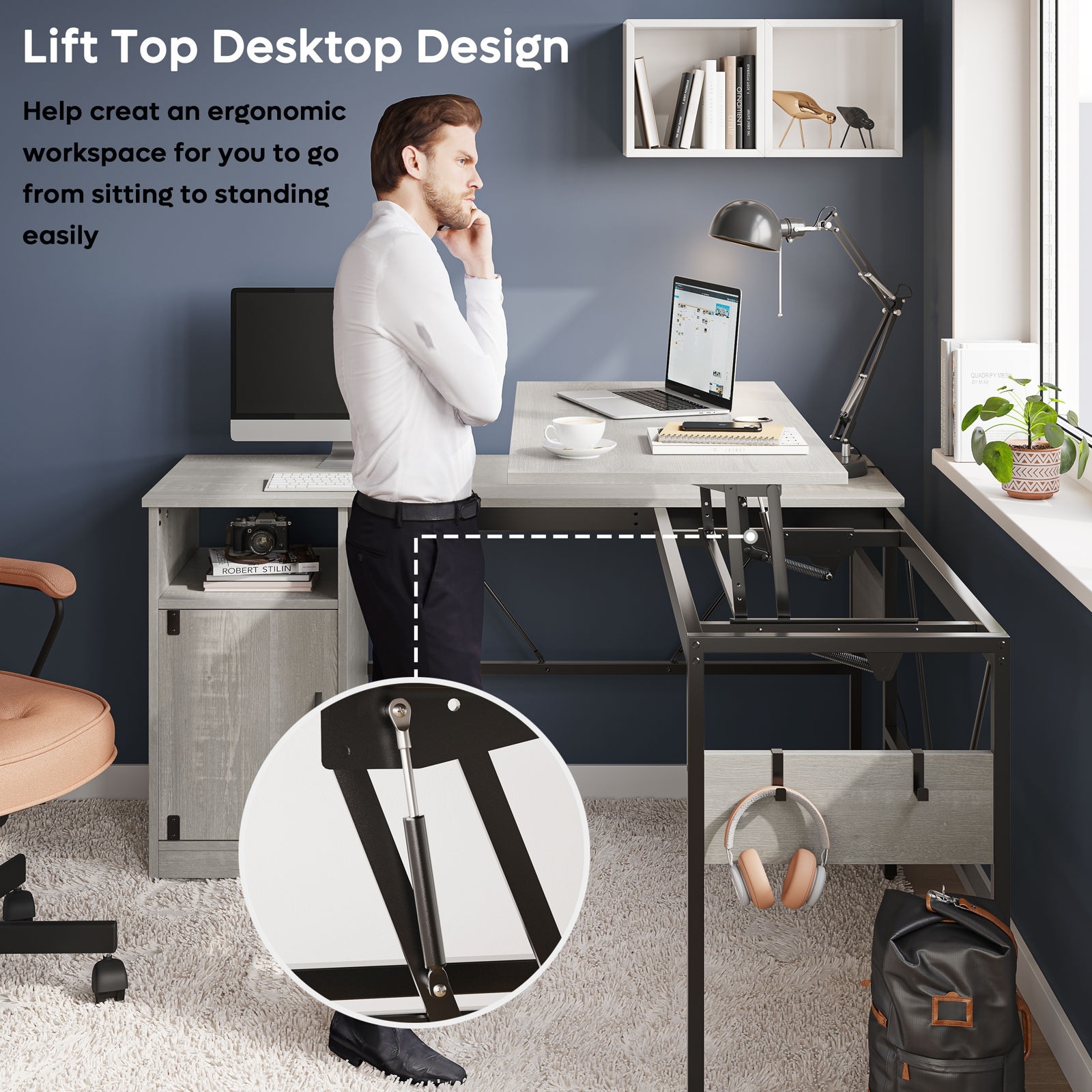 Versatile 60 L Shaped Standing Desk with Lift Top Storage Cabinet Corner Desk Extending to 95undefinedundefined with Hooks On Sale Bed Bath Beyond 37236794