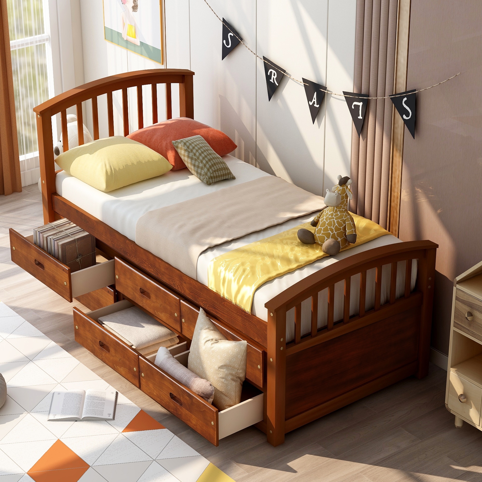 Modern and Vintage Twin Size Platform Storage Bed Solid Wood Bed