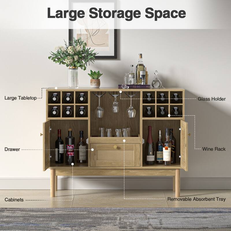 Anmytek Modern 2-Door Natural Oak Buffet Sideboard Wine Bar Cabinet with Drawer and Wine Rack - 43.3"W x 15.7"D x 34"H