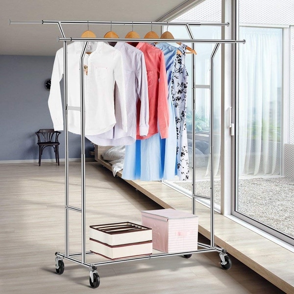 Commercial grade cloth hanger collapsible best sale rolling double rail garment rack
