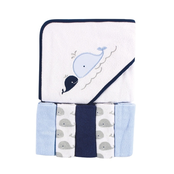 slide 1 of 1, Luvable Friends Baby Boy Hooded Towel with Five Washcloths, Whale, One Size - Whale - One Size Whale
