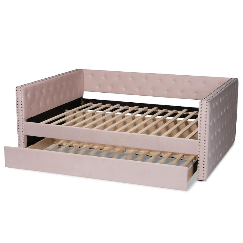 Full Size Daybed with Trundle - Velvet Upholstered Button Tufted Bed Frame - Silver Nailhead Trim