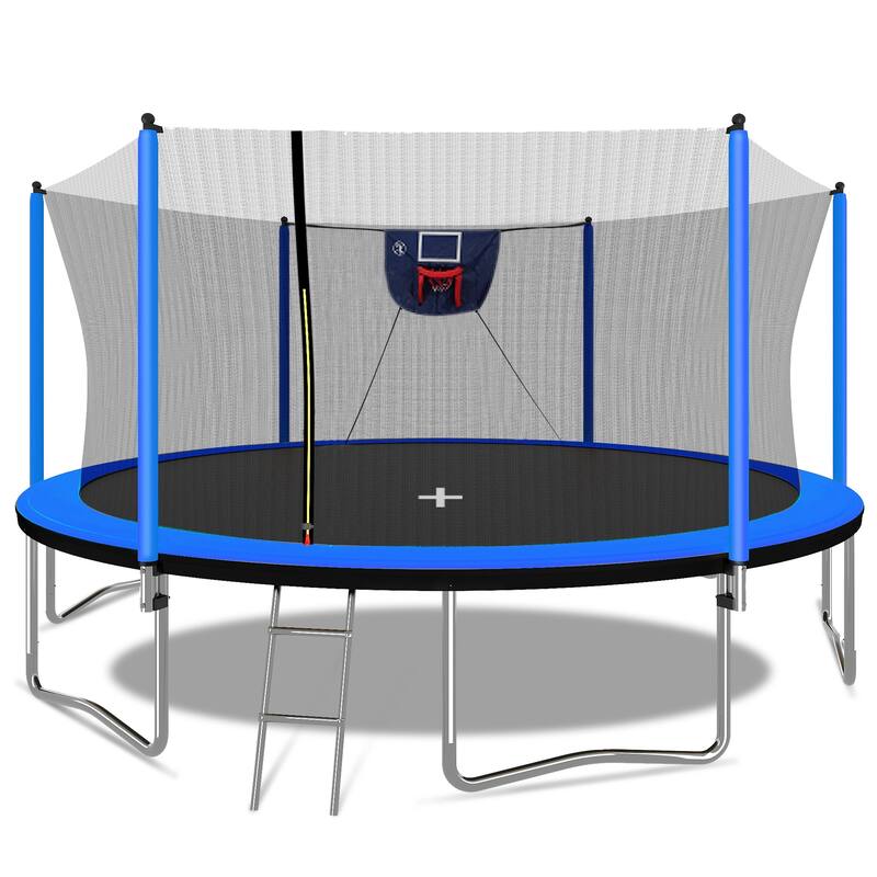 15FT Trampoline with Basketball Hoop Inflator and Ladder, 6pcs safety new pole Sleeves