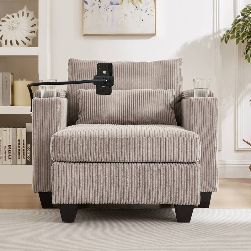 Convertible Sleeper Sofa Chaise Lounge with Movable Backrest, Corduroy Reading Chair with USB Ports, Cup Holders & Phone Holder