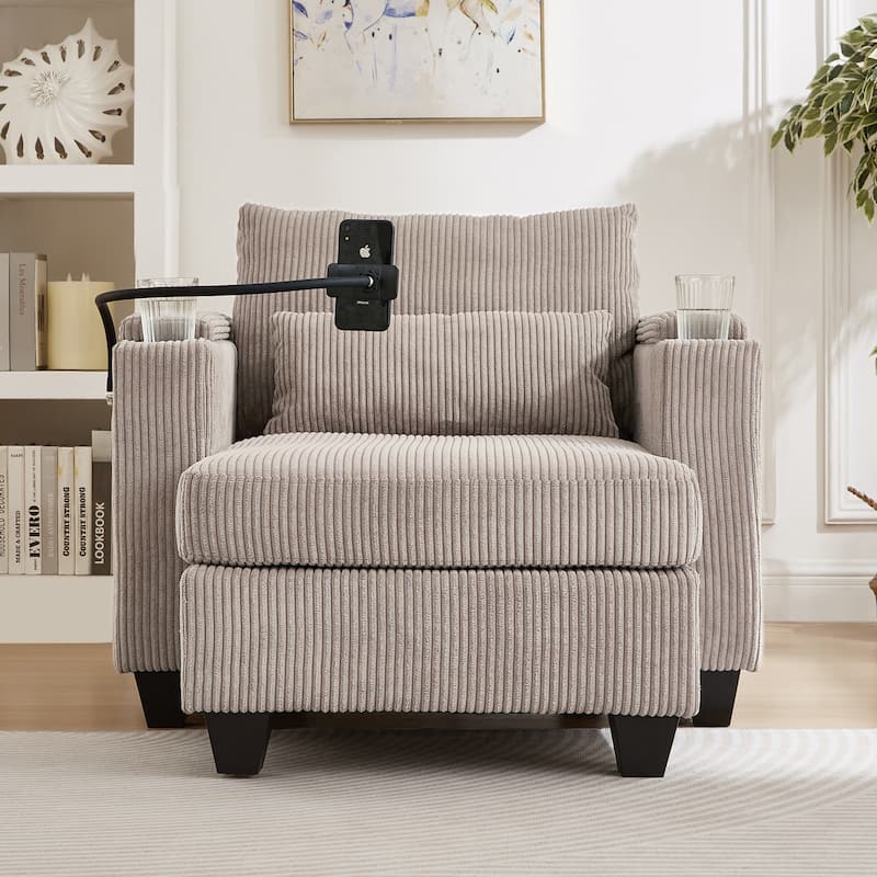 Roomfitters Convertible Corduroy Sofa Chair Bed with USB Ports, Cup Holders, Phone Slot and Storage for Living Room