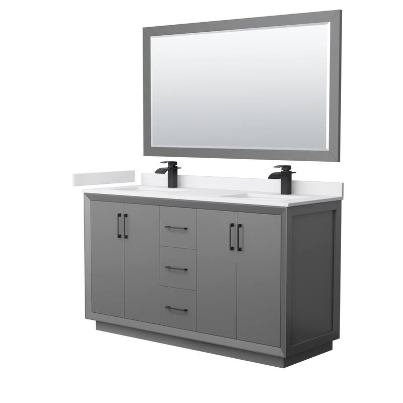 Strada 60-Inch Double Vanity Set, Cultured Marble Top, 58-Inch Mirror - Dark Gray, Black Trim, White Cultured Marble Top