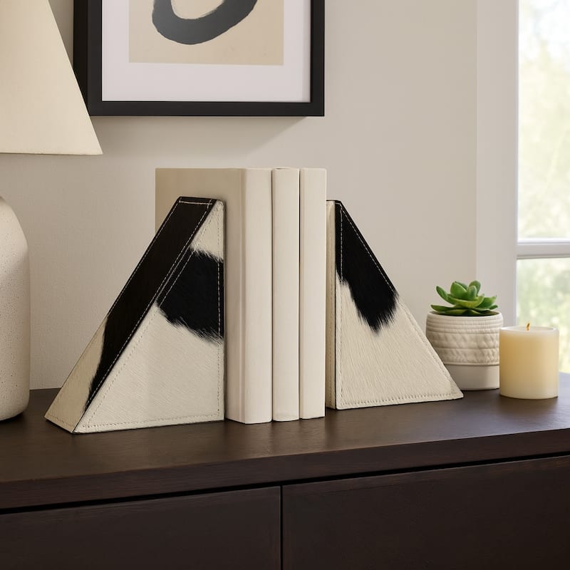 Decorative Leather Cow Print Bookends - Set of 2, 7", Black and White - 7.0" - Ivory - 7.0"