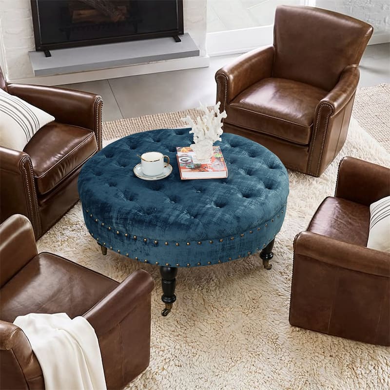 Round Velvet Tufted Coffee Table Ottoman, 34" x 34" x 17" H