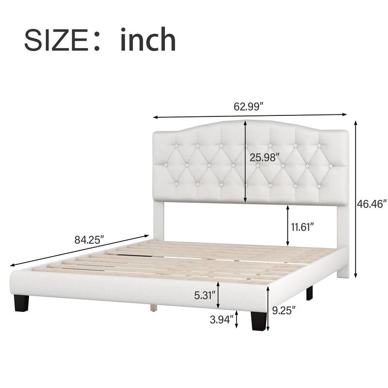 Beige Upholstered Low Profile Platform Bed Frame Saddle Curved Headboard Wingback Bed with Diamond Tufted Details Panel Bed