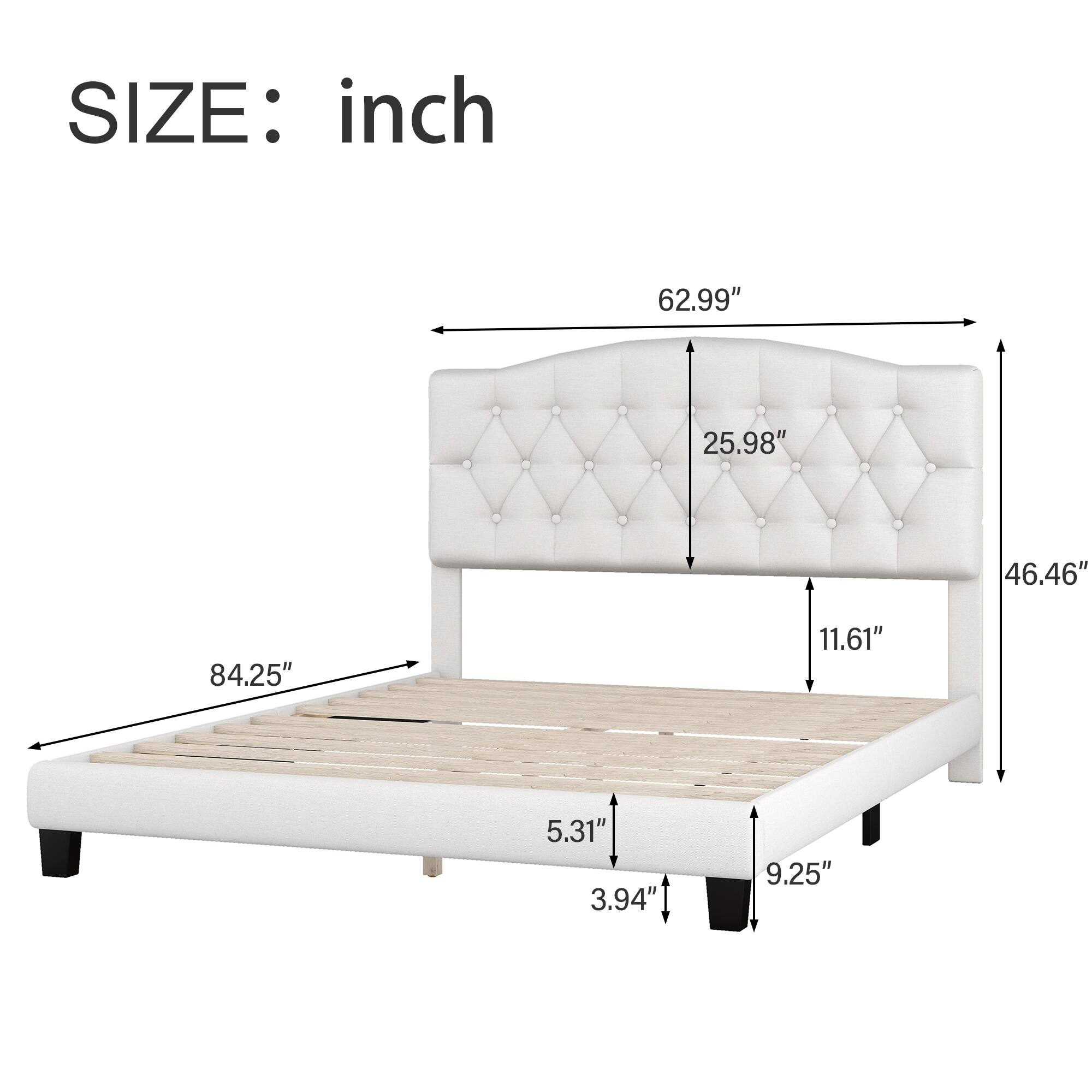 Elegant Upholstered Curved Tufted Linen Platform Bed Frame with Diamond