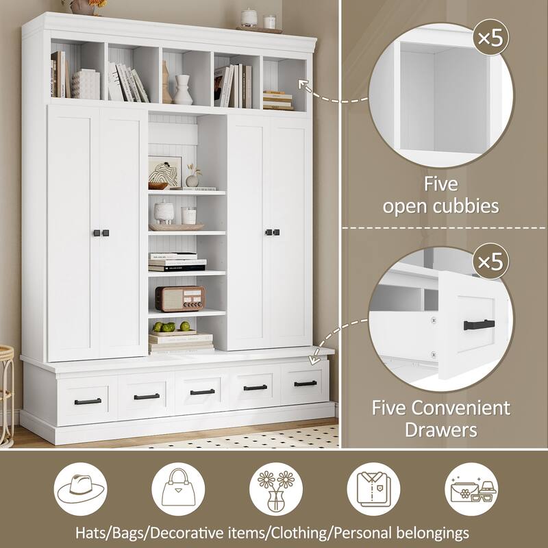 78.7" Entryway Organizer with Bench Cubbies Drawers and Adjustable Shelves - 62.4" D x 19.7" W x 78.7" H