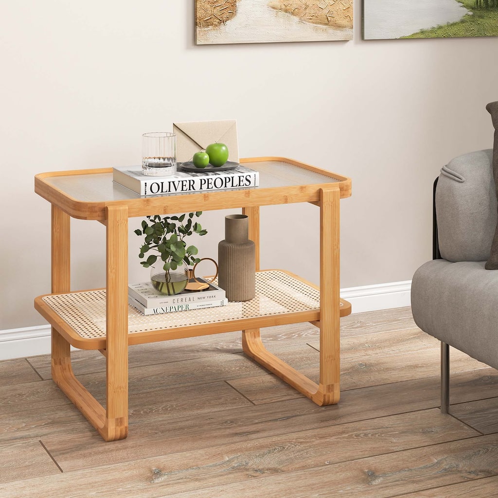 Bamboo Side Table with Rattan Shelf Glass Top Nightstand End Table