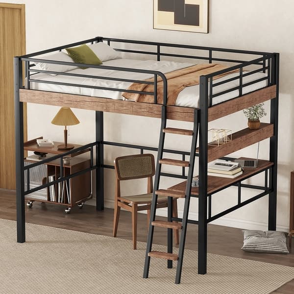 slide 2 of 9, Full Size Loft Kids Bed Frame with Built-in Desk, Storage Shelf and Ladder, Black Black