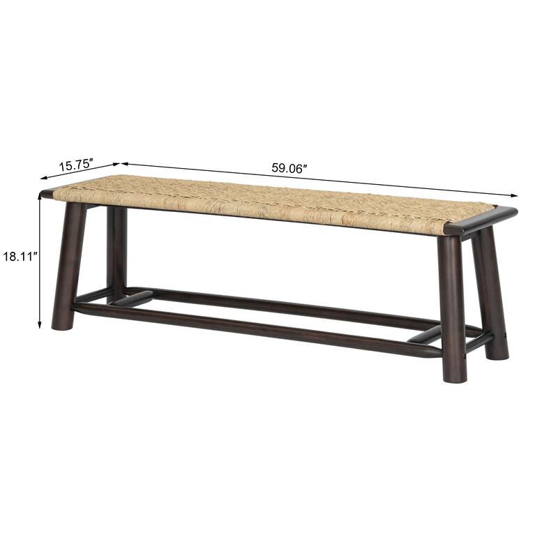 Farmhouse Modern Solid Wood Rattan Bench - 59 Inch Indoor & Covered Outdoor Bench Multi-Functional Design