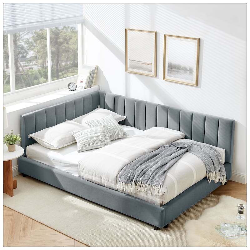 Full Size Upholstered Tufted Bed Frame with Comfortable Backrest and Armrests