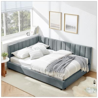 Full Size Upholstered Tufted Bed Frame with Comfortable Backrest and Armrests