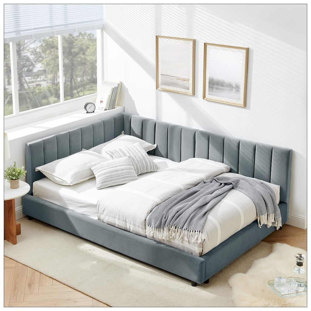 Full Size Upholstered Tufted Bed Frame with Comfortable Backrest and Armrests