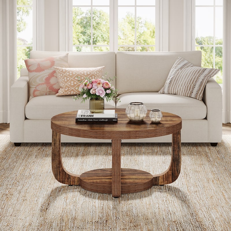 Round Coffee Table, 2-Tier Circle Coffee Table with Storage for Living Room - Large