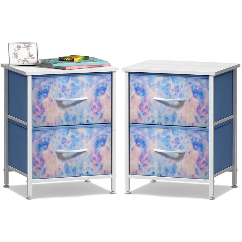 Sorbus Nightstand with 2 Drawers - Steel Frame, Wood Top & Easy Pull Fabric Bins (2 Pack) - Tie-Dye Blue