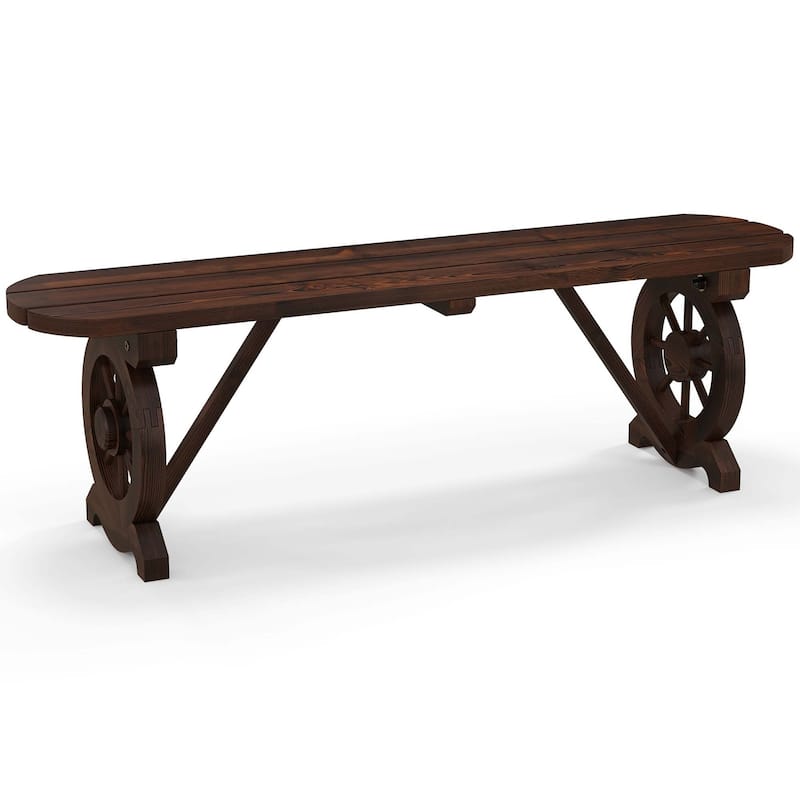 Costway Patio Rustic Wood Bench with Wagon Wheel Base Slatted Seat - See Details