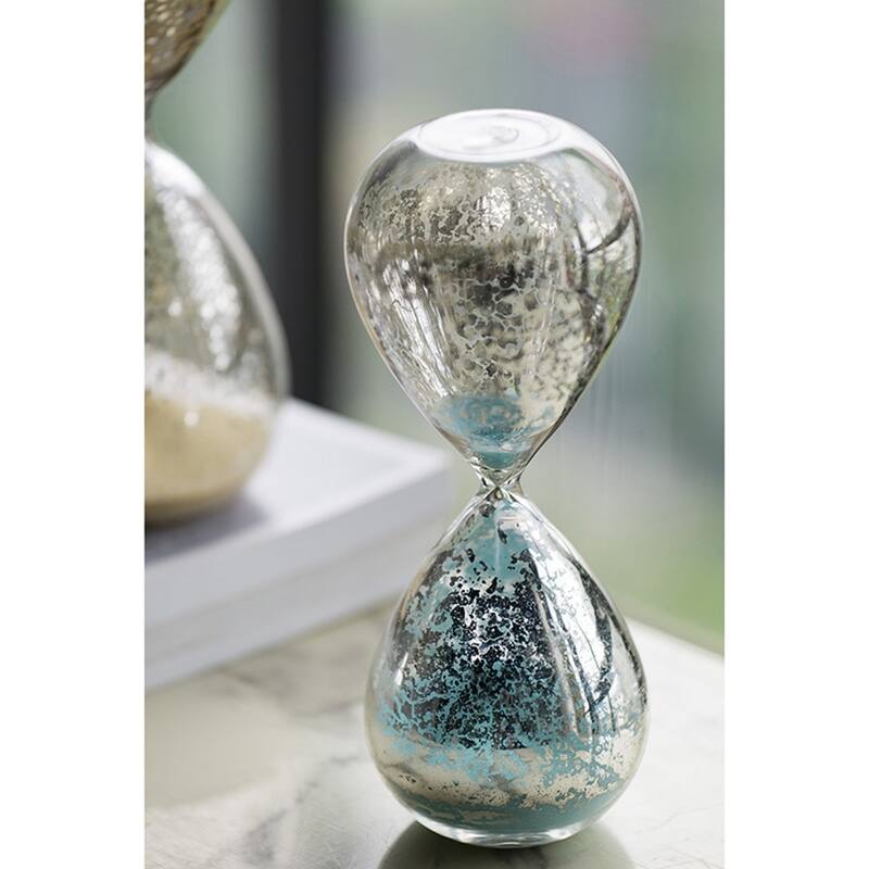 Set of 2, 10" Peleus 60-Minute Silvered Hourglass, Jade Sand