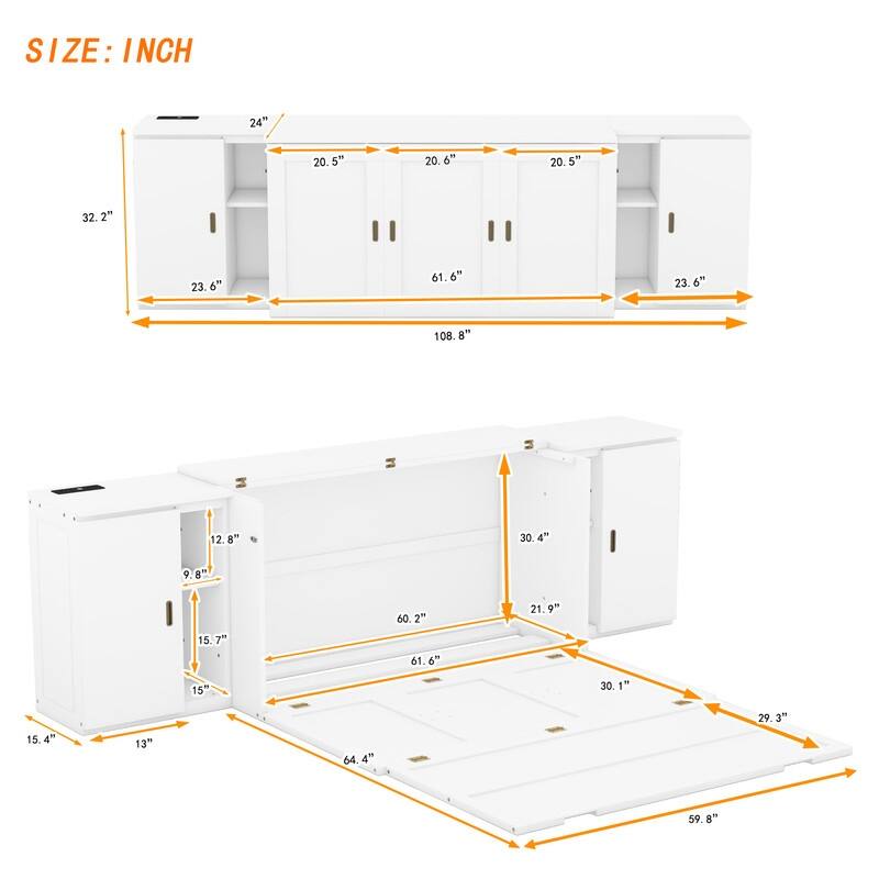 Murphy Bed with Shelves Queen Size, Wall Bed with Storage Cabinets and USB Ports