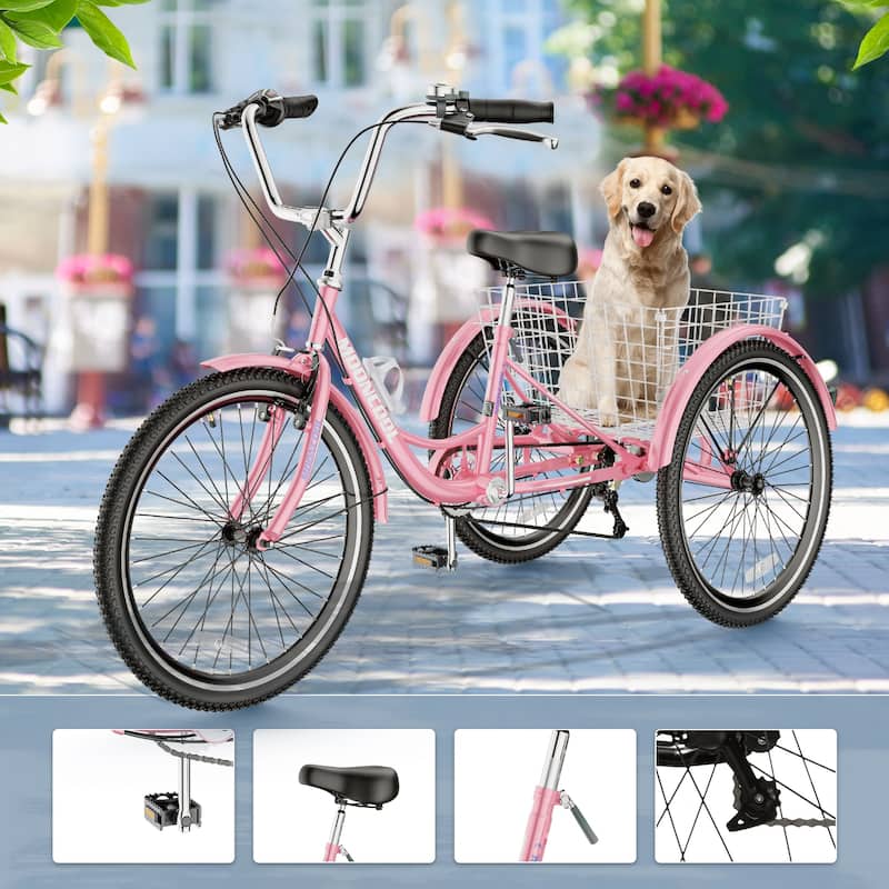 DoCred Adult Tricycle 7 Speed 24"/26" Three Wheel Bike with Basket - 24"-Pink - 24"