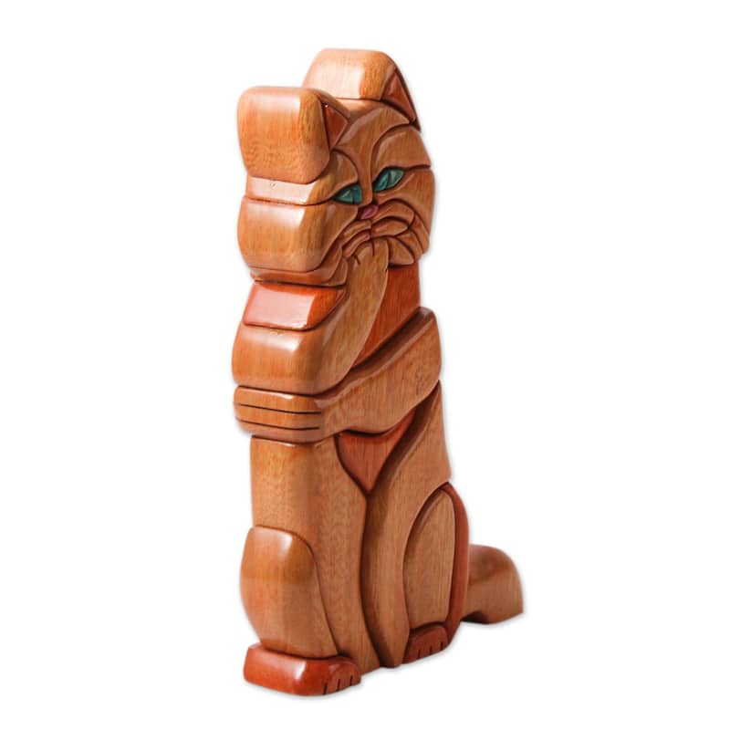 Handmade Thoughtful Kitty Cat Cedar And Mahogany Sculpture (Peru) - 9.5" H x 6.25" W x 1.8" D