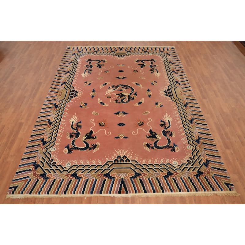 Hand Knotted Oriental 100% Wool Carpet Traditional Geometric Pink Art Deco Area Rug - 11' 1'' X 8' 0''