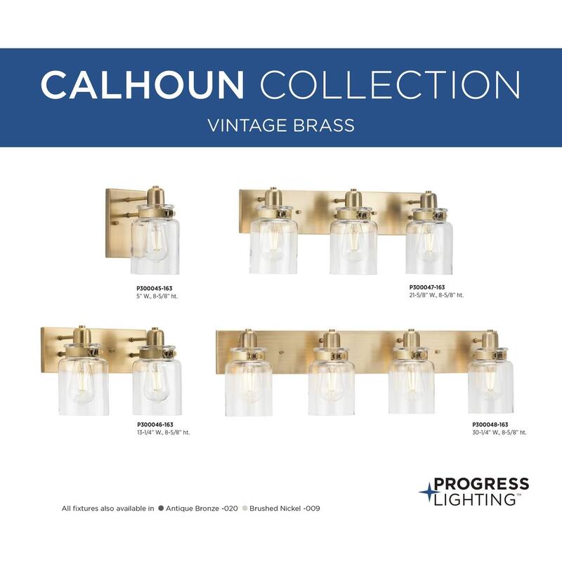 Calhoun Collection Three-Light Vintage Brass Clear Glass Farmhouse Bath Vanity Light - 21.625 in x 6.875 in x 8.625 in